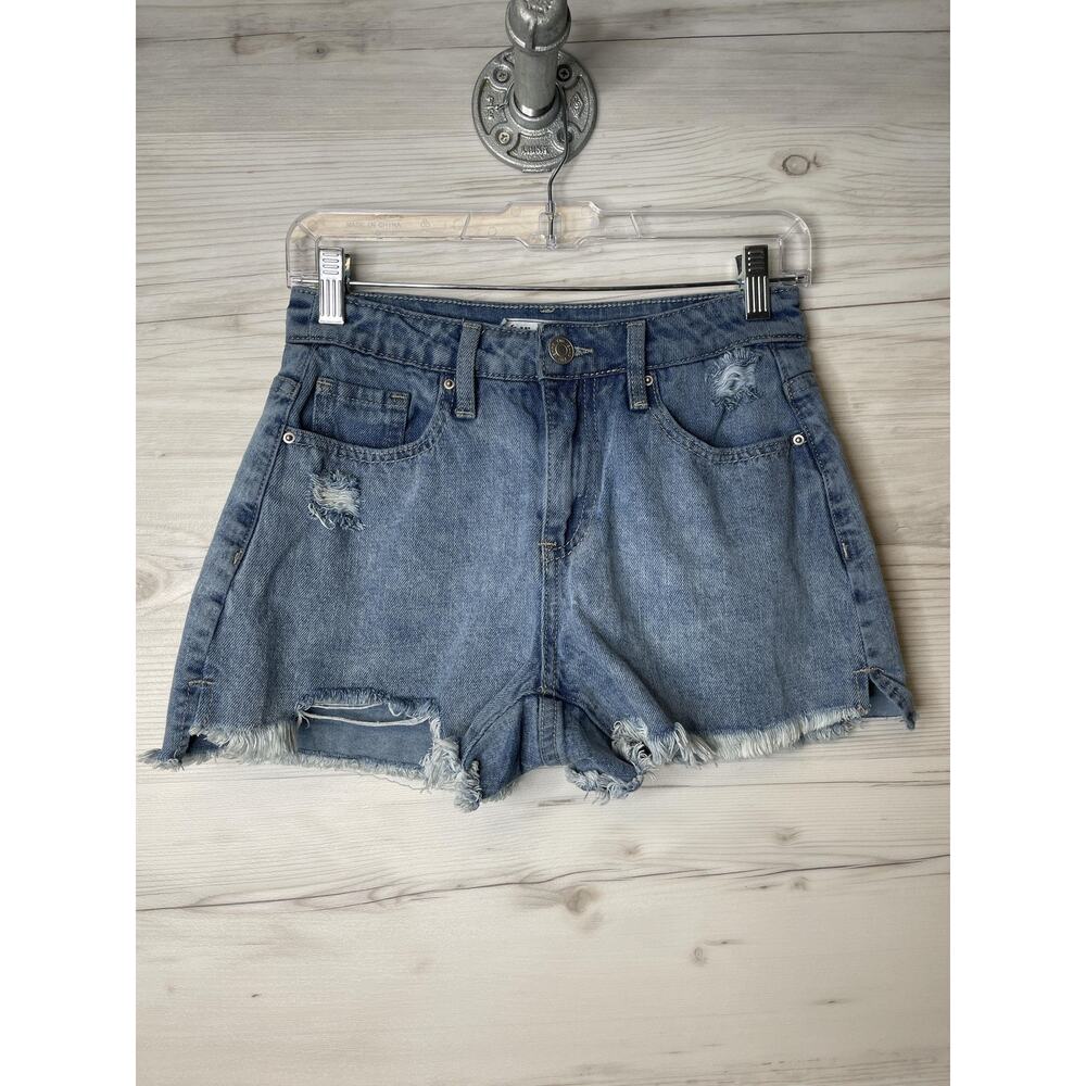 YMI Dream Shorts Womens 3/26 Blue Distressed Raw Hem High Rise Denim Summer